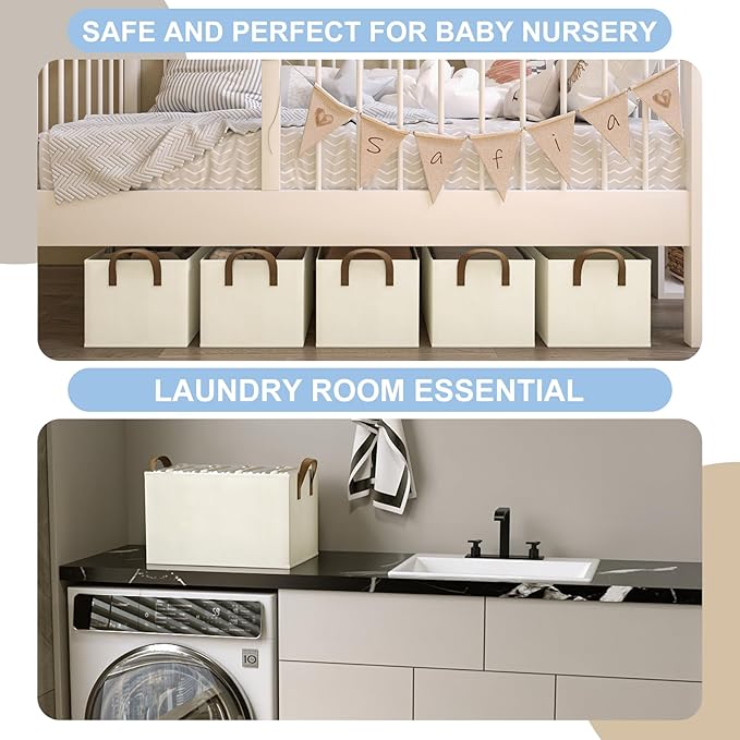 Closet Storage Bins, Fabric Closet Organizers and Storage Basket for Shelves, Collapsible Shelf Baskets for Organizing Shelves, Bedroom Clothes Basket, Beige, 3 Pack-NeatNest