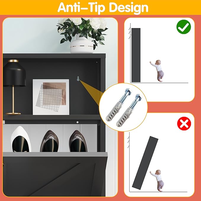 Shoe Cabinet with 2 Flip Drawers, Farmhouse Shoe Organizer, Narrow Shoe Rack Cabinet, Freestanding Shoe Storage Cabinet with Open Storage for Entryway, Foyer, Hallway, Black (2 Door, Black)