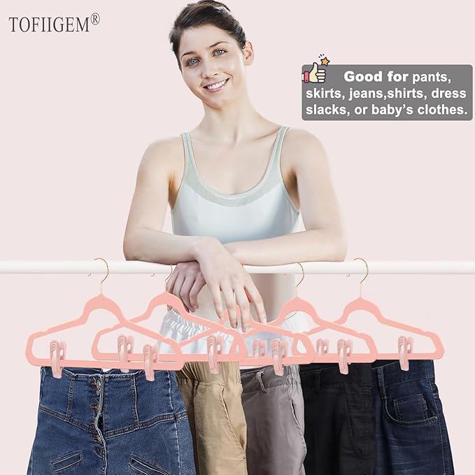Light Pink Velvet Hangers Clips 20 PCS, Non-Slip Velvet Clip for Pant Skirt Velvet Hangers, Strong Flocking Hangers Clips-NeatNest