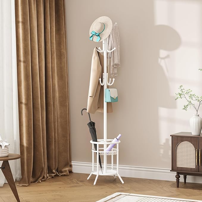 ELYKEN Coat Rack Freestanding, Metal Coat Rack Stand with Umbrella Holder, Modern Coat Tree with 12 Hooks, Floor Standing Corner Hall Tree for Entryway Living Room Bedroom Office, White-NeatNest