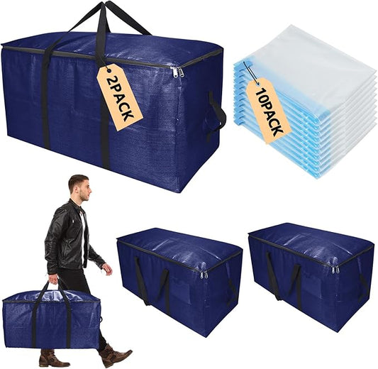 Extra Large Storage Bags Set Heavy Duty Moving Totes With Backpack Straps – Strong Handles & Zippers, (Blue, 12 Park-2 Moving bag & 10 Vacuum Seal Bags)