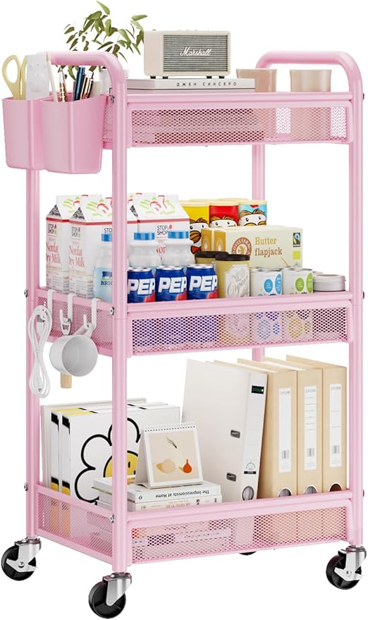 YASONIC 3 Tier Rolling Cart – Metal Utility Storage Cart with Wheels, Craft Cart Organizer with Hanging Cups, Hooks, Mesh Basket for Bedside Kitchen Office Art, Pink