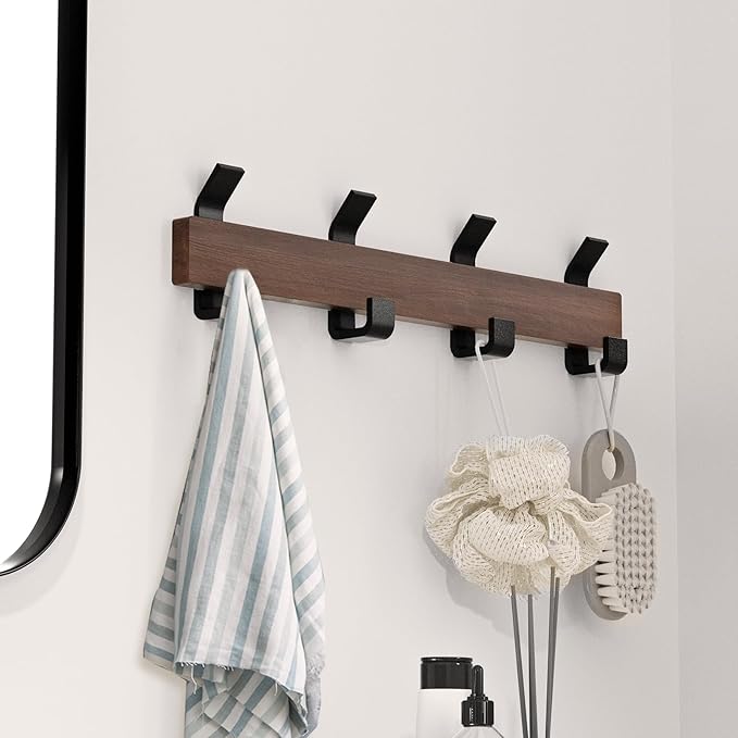 Coat Rack Wall Mount，Solid Walnut Coat Hooks Wall Mount with 4 Large Double Wall Hooks for Hanging Coats，Backpacks，Towels，etc. Wall Mounted Coat Rack for Entryway, Bathroom,etc, Walnut+black-NeatNest