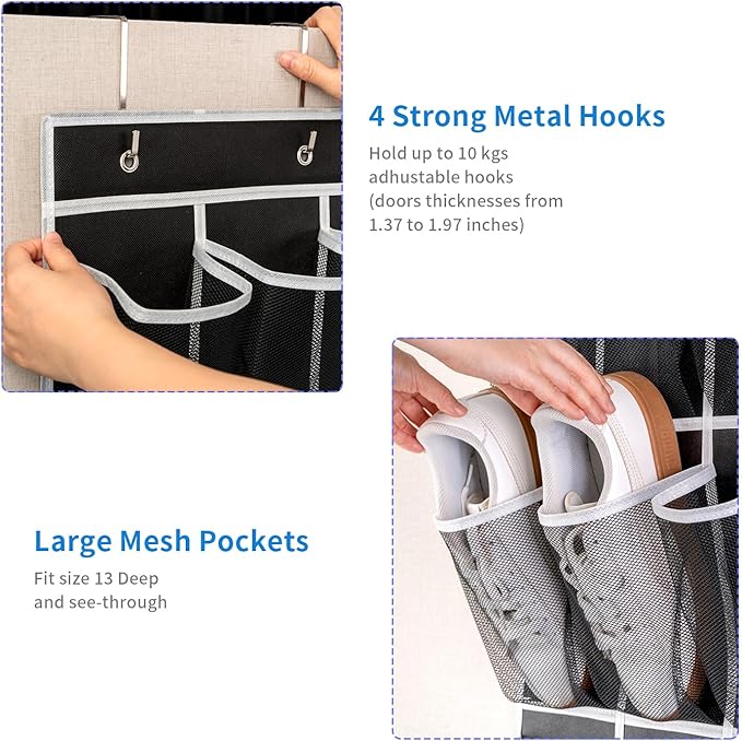 35 Pockets Over the Door Shoe Organizer, Hanging Shoe Organizer for Door with 35 Mesh Pockets Large Capacity Shoe Hanging Storage Bag with 4 Metal Hooks (Black-1Pack)-NeatNest