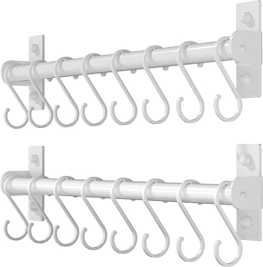Dseap Kitchen Utensil Holder Hanger, Pot and Pan Rack Wall Mounted, Kitchen Rail with 8 Hooks for Hanging Cooking Utensils, Mugs, Spoons, Wall Mounted, White, Pack of 2-NeatNest