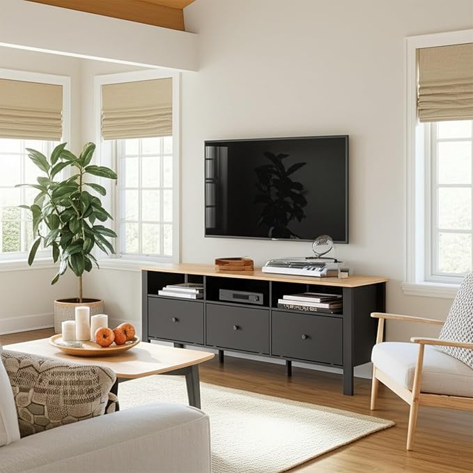 Black TV Stand, Entertainment Center for TVs Up to 55"/60"/65", Modern Media Console with 3 Cabinets for Living Room-NeatNest