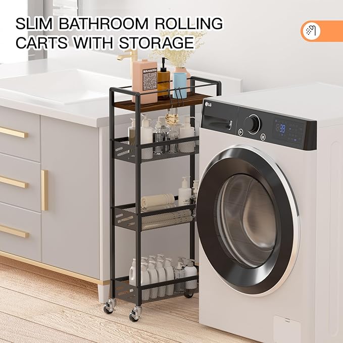 DGSNADGO Slim Rolling Storage Cart, 4-Tier Kitchen Cart on Wheels, Narrow Utility Cart with Handle and Wooden Tabletop for Small Space in Kitchen, Living Room, Bathroom, Rustic Brown and Black