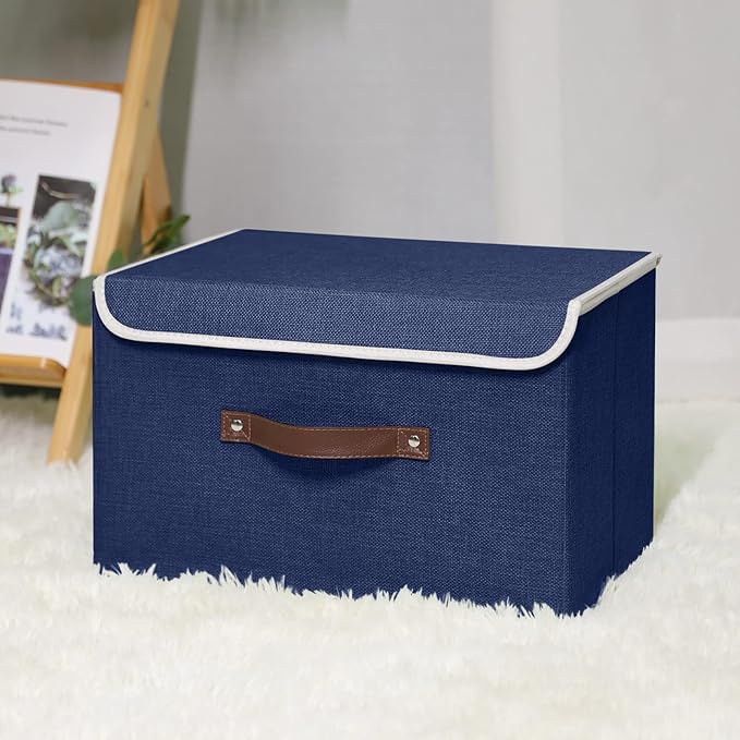 ANMINY Storage Bin with Lid Storage Boxes with PU Leather Handles PP Plastic Board Decorative Foldable Lidded Cotton Linen Fabric Home Cubes Baskets Closet Organizer Container - Blue, Large Size-NeatNest