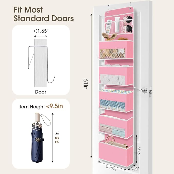 6-Tier Over The Door Organizer Hanging Storage Organizers with Clear Window 40lb Large Capacity Room Organizer for Pantry Bathroom Nursery Closet(Pink)-NeatNest