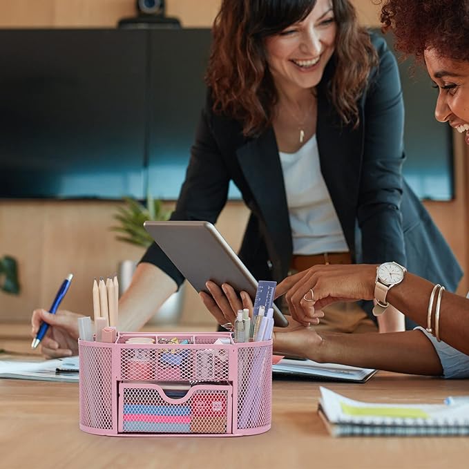 EOOUT Pink Desk Organizer, Pen Holder for Desk and Accessories, Mesh Desk Organizer with 8 Compartments and 1 Drawer for Office Home School Classroom-NeatNest