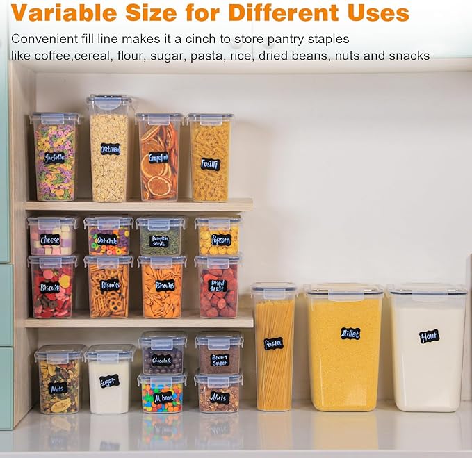 Romswi Airtight Food Storage Containers with Lids,24Pcs Pantry Organizers and Storage,BPA Free Cereal Containers Storage with 27 Labels and 4 Spoons,for Rice,Flour,Sugar and Noodles