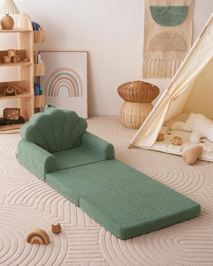 Blissful Diary Kids Couch, 2-in-1 Soft Toddler Couch Fold Out, Toddler Chair Comfy, Convertible Sofa to Lounger, Kids Furniture for Playroom, Gift for Birthday, Children's Day, Green Shell-NeatNest