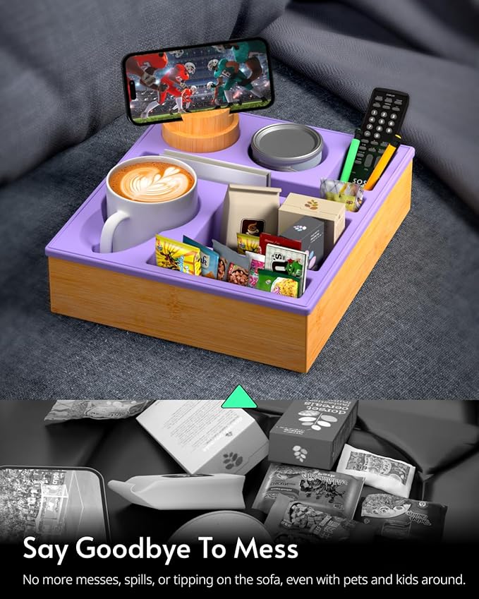 Couch Cup Holder Tray - Couch Organizer Caddy, Silicone Beach Caddy with Cup Holder, Sofa and Bed Drink Holder and Couch Tray Table for Snacks Beverage Remote (Purple)-NeatNest