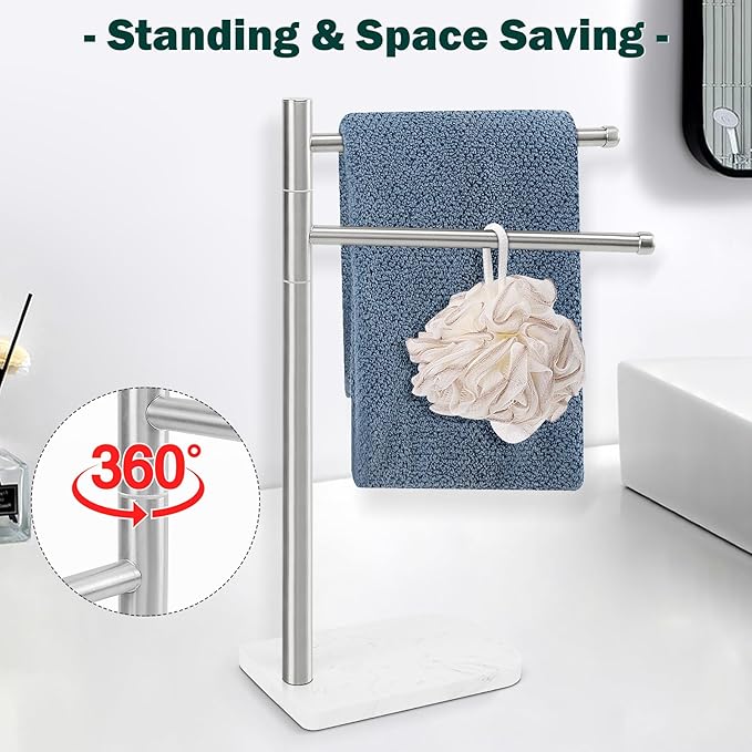 Hand Towel Holder, F-Shape Hand Towel Stand with Marble Base, Stainless Steel Swivel Hand Towel Rack Standing Towel Bar for Bathroom Kitchen Countertop, 2 Arms (Brushed Nickel)