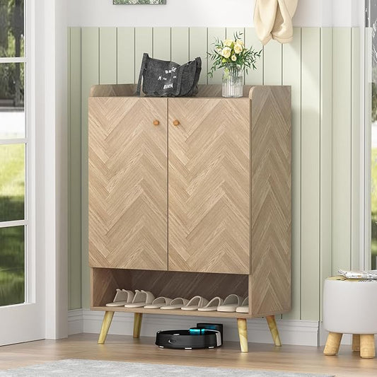 Anmytek Accent 6-Tier Wooden Shoe Cabinet with Adjustable Shelves and Doors, Farmhouse Storage for Entryway or Hallway