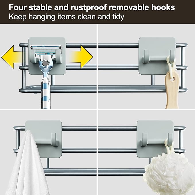 Orimade 4 Tier Adjustable Anti-slip Shower Caddy over Shower Head,Rustproof Bathroom Hanging shower Organizer with 4 Hooks for Razor,No Drilling Shower shelves Storage Rack, Light Grey