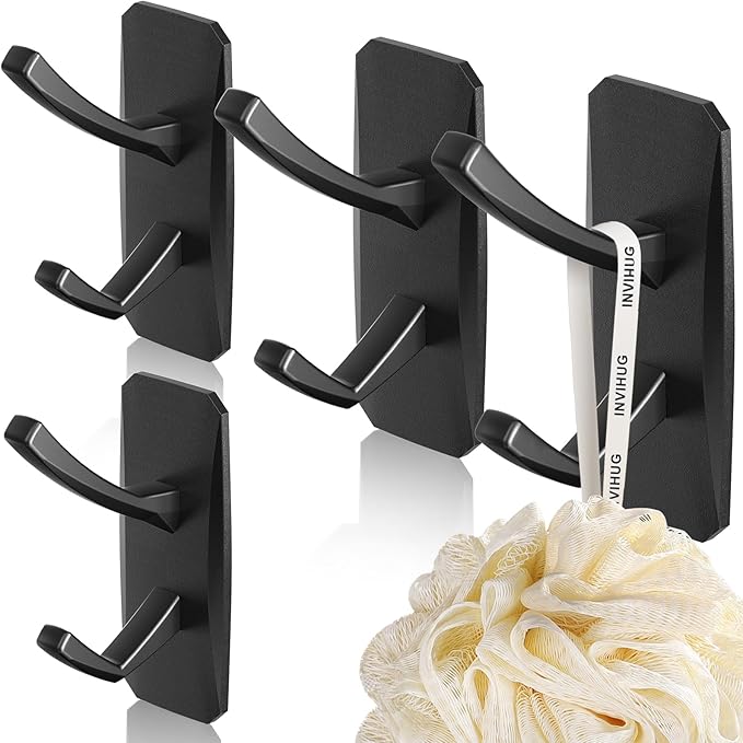 INVIHUG, Large Size Modern Adhesive Wall Hooks, Heavy Duty RV Hooks for Hanging Towel, Robe, Loofah, Coat in Kitchen, Bathroom and Office Wall Mount (4-Packs, Black)