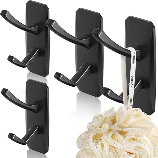 INVIHUG, Large Size Modern Adhesive Wall Hooks, Heavy Duty RV Hooks for Hanging Towel, Robe, Loofah, Coat in Kitchen, Bathroom and Office Wall Mount (4-Packs, Black)