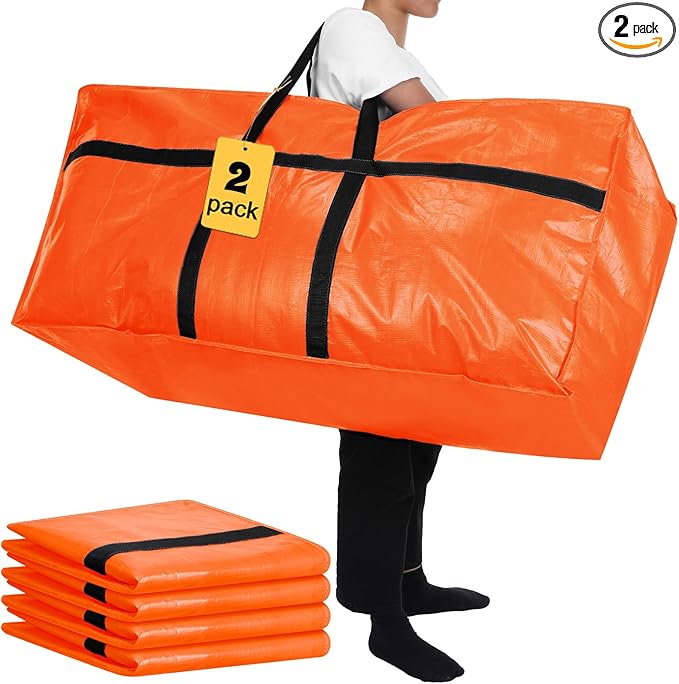2 Pcs 66 Gallon Extra Large Moving Bags Storage Bags with Zipper and Handles Heavy Duty Duffle Bag Foldable Tote Bag for College Dorm Travel Clothes Blankets Bedding Moving(Orange)