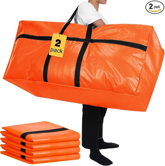 2 Pcs 66 Gallon Extra Large Moving Bags Storage Bags with Zipper and Handles Heavy Duty Duffle Bag Foldable Tote Bag for College Dorm Travel Clothes Blankets Bedding Moving(Orange)