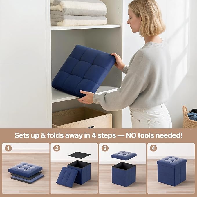 Ottoman Folding Storage Bench, 15x15x15 Inch, Foot Rest Stool for Living Room, Bedroom, Entryway, End of Bed - Multi-Functional Ottoman with Storage Navy Blue