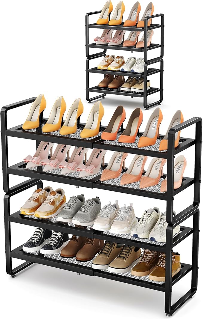 Shoe Rack - Expandable Shoe Organizer for Closet, Adjustable Metal Shoe Shelf Storage, 4 Tier Stackable Long Shoe Stand Holder for Garage, Entryway, Door Entrance, Black-NeatNest