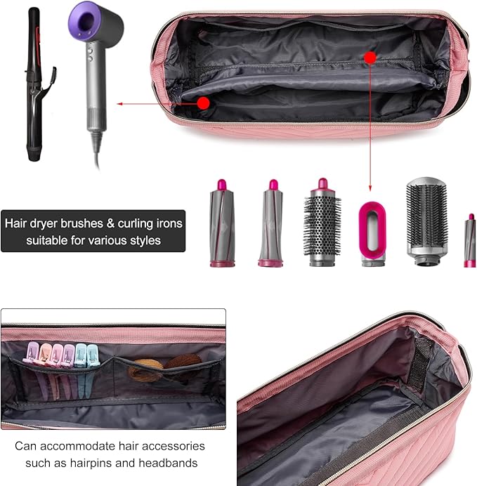 Hair Tools Travel Bag for Shark Flexstyle Dyson, Quilted Case Organizer Bag, Gift for Women Hair Accessories Storage Bag, Travel Hairdryer Portable Bag for Women, Pink-NeatNest