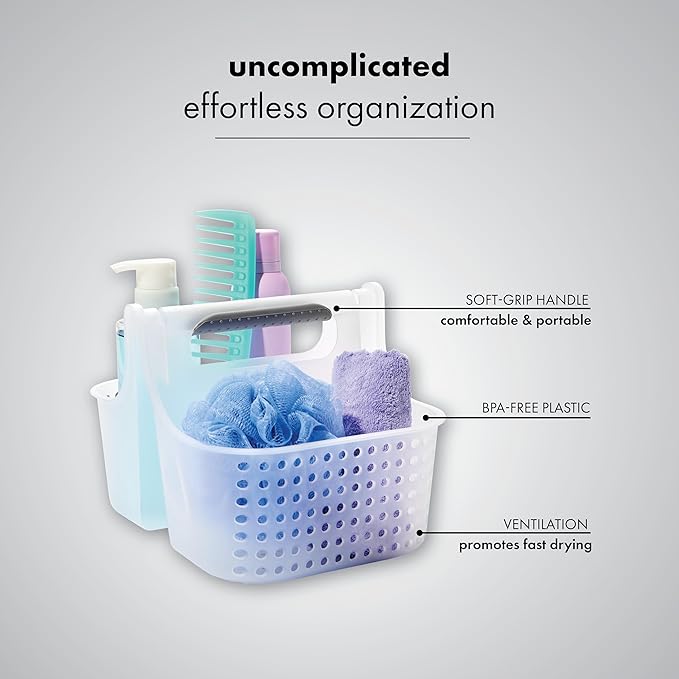 Madesmart 2-Compartment Soft Grip Shower Tote for Bathroom Organization, Plastic Storage Shower Caddy Bucket, Small, Frost-NeatNest