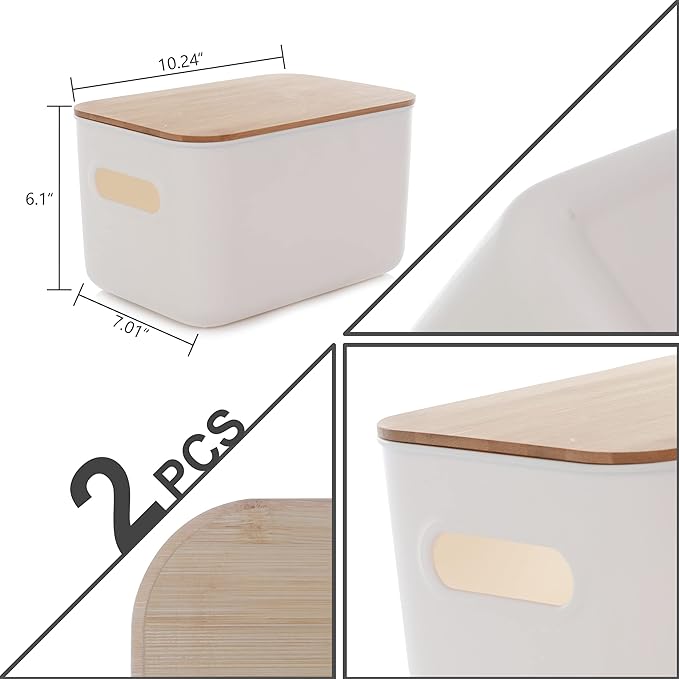 Citylife 2 Packs Plastic Storage Bins with Bamboo lids Stackable Storage Containers for Organizing, Bundled with Labels and Marker 10.24 x 7.01 x 6.1 inch-NeatNest