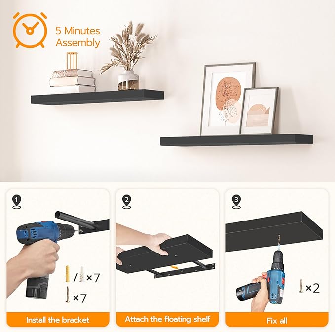 HOOBRO Floating Shelves for Wall, Wall Mounted Shelf Set of 2, 15.7" Hanging Shelf with Invisible Brackets, for Wall in Bathroom, Bedroom, Toilet, Kitchen, Living Room, Office, Black BK40BJ01-NeatNest