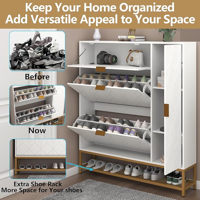 Loomie Shoe Cabinet,Freestanding Tipping Bucket Shoe Rack Organizer with 2 Flip Drawers,Entryway Narrow Shoe Storage with Adjustable Storage Shelf &Top Cubby,Modern Slim Hidden Shoe Cabinet, White-NeatNest