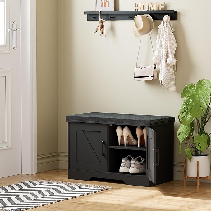 2-Tier Storage Bench, Shoe Bench with Padded Seat Cushion, Entryway Bench with 2 Barn Doors, Adjustable Shelf, 13.8" D x 27.6" W x 17.7" H, for Entryway, Living Room, Bedroom, Black-NeatNest
