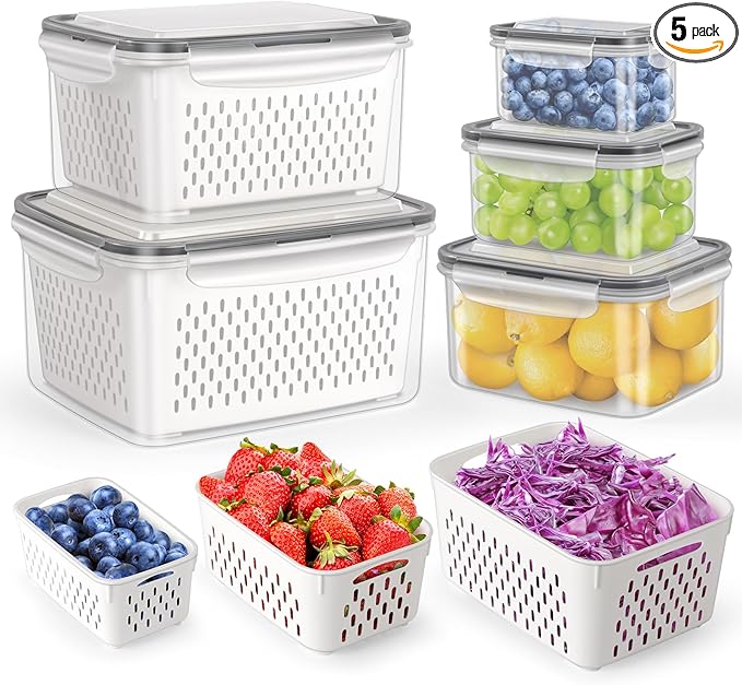 HOTEC 5-Pack Large Fruit Storage Container with Removable Colander, BPA Free Dishwasher & microwave safe Largest 4.15L