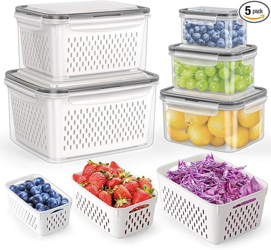 HOTEC 5-Pack Large Fruit Storage Container with Removable Colander, BPA Free Dishwasher & microwave safe Largest 4.15L
