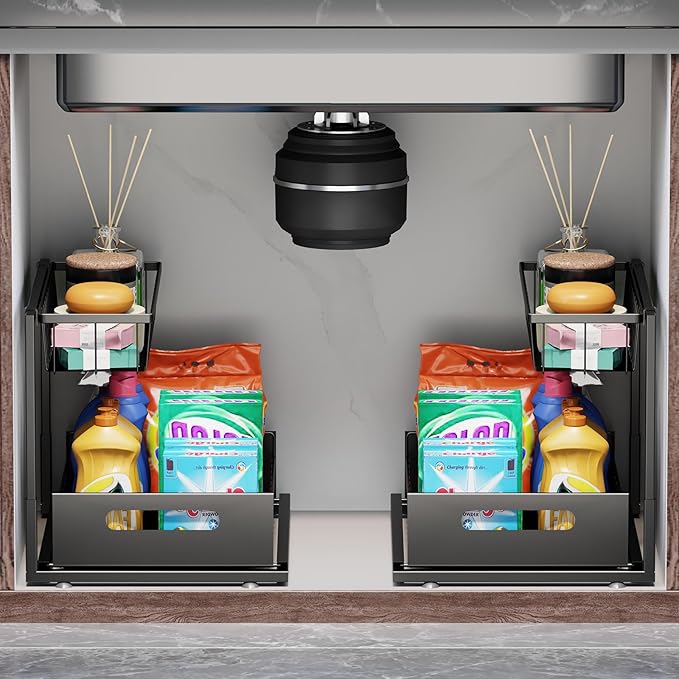 Under Sink Organizers and Storage 2 Tier Slide Out Kitchen Cabinet Organizer Sturdy Metal Bathroom Storage (Black, 2 Pack)-NeatNest