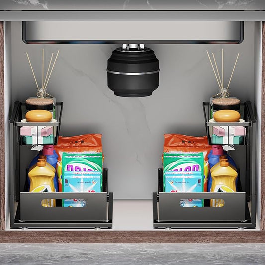 Under Sink Organizers and Storage 2 Tier Slide Out Kitchen Cabinet Organizer Sturdy Metal Bathroom Storage (Black, 2 Pack)-NeatNest
