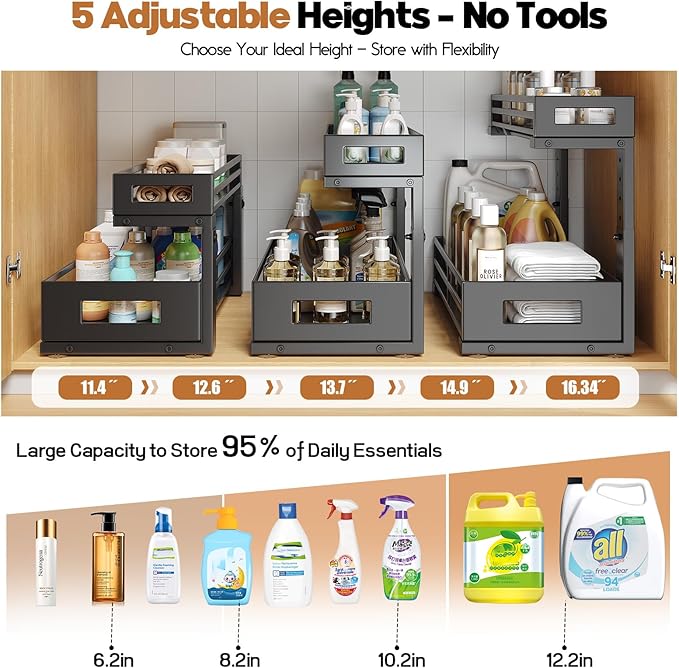 2-Pack 17"Deep Under Sink Organizer And Storage, 2-Tier L-Shaped Pull Out Cabinet Organizer with Upgraded Slide Rails, Height Adjustable Drawers for Kitchen&Bathroom, Extra-Large Storage Shelves–Black-NeatNest