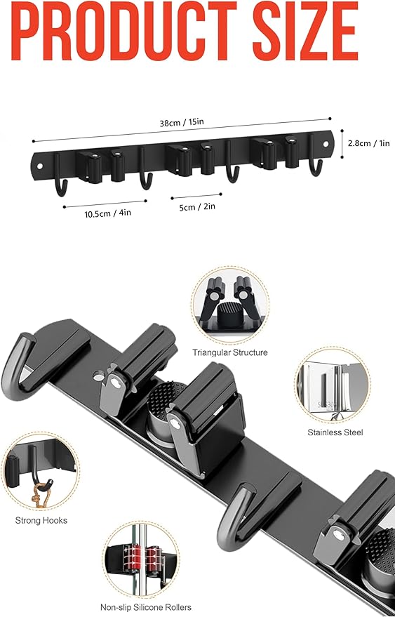 Mop and Broom Holder Wall Mount, Upgraded Broom Hanger Wall Mount, Stainless Steel Broom Organizer for Closet Garage Laundry Room Kitchen Wall Decor(3Racks 4Hooks Black)