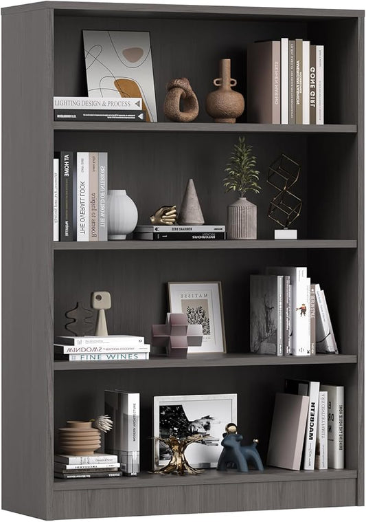 Farini 48 Inch Tall 4-Shelf Bookcase, Wood Bookshelf Storage Organizer Adjustable Shelf for Home Office, Study Room, Easy Assembly,Grey