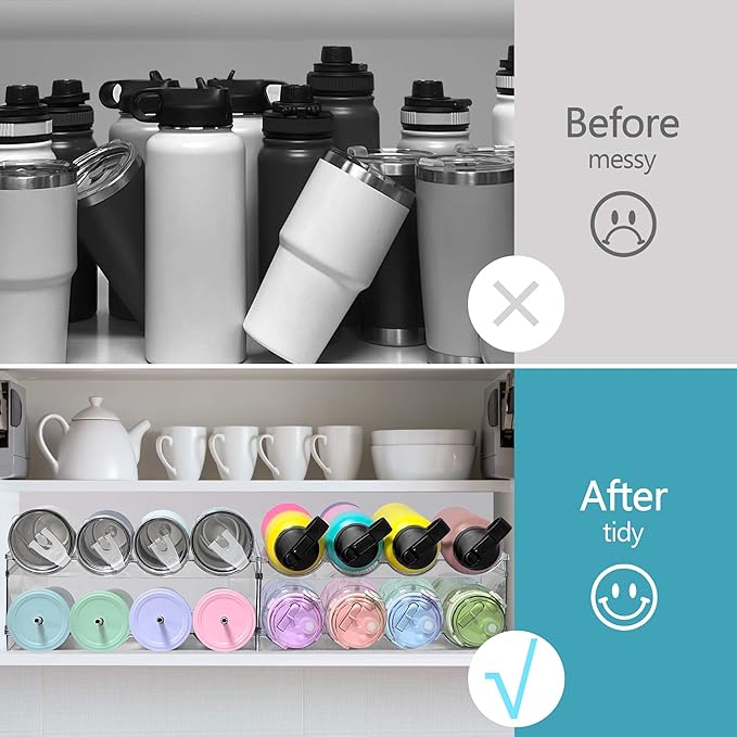 Homecor 2 Pack Water Bottle Organizer, Upgrade Stackable Kitchen Pantry Organization and Storage Rack, Water Bottle Holder for Fridge Cabinet Cupboard Storage, Plastic Tumbler Mug Cup Organizer Rack-NeatNest