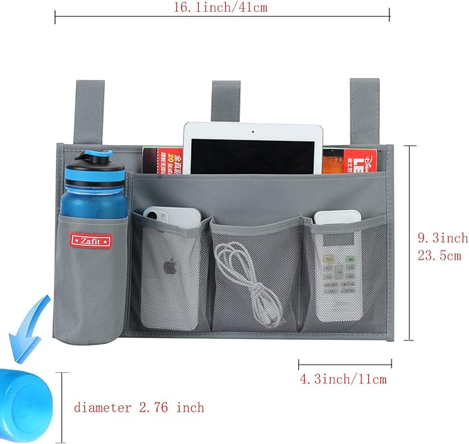 Hanging Bedside Caddy, Bedside Storage Organizer for Magazine, Phone, Remote control (5 Pockets-Grey)-NeatNest