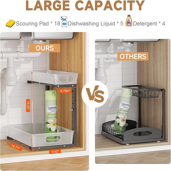 2 Pack Under Sink Organizer, 2-Tier Pull Out Cabinet Organizer, Acrylic Under Sink Storage Shelf for Kitchen Bathroom Cabinet, L-Shaped Adjustable Height for Clutter Cleaner Organization Rack-Black-NeatNest