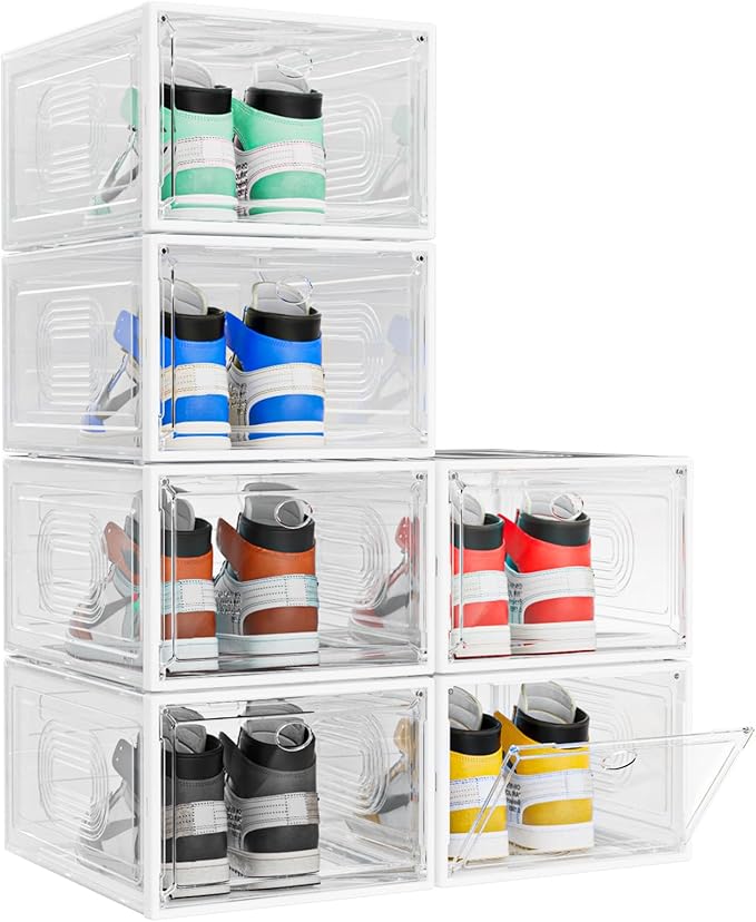 6 Pack Thicken Shoe Organizer Stackable,Upgraded Sturdy Shoe Storage Box with Magnetic Door,Shoe Containers for Sneaker Display,White-NeatNest
