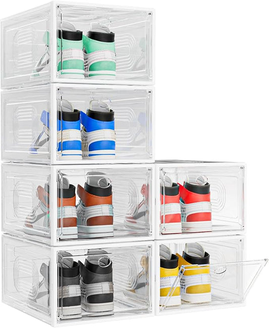 6 Pack Thicken Shoe Organizer Stackable,Upgraded Sturdy Shoe Storage Box with Magnetic Door,Shoe Containers for Sneaker Display,White-NeatNest