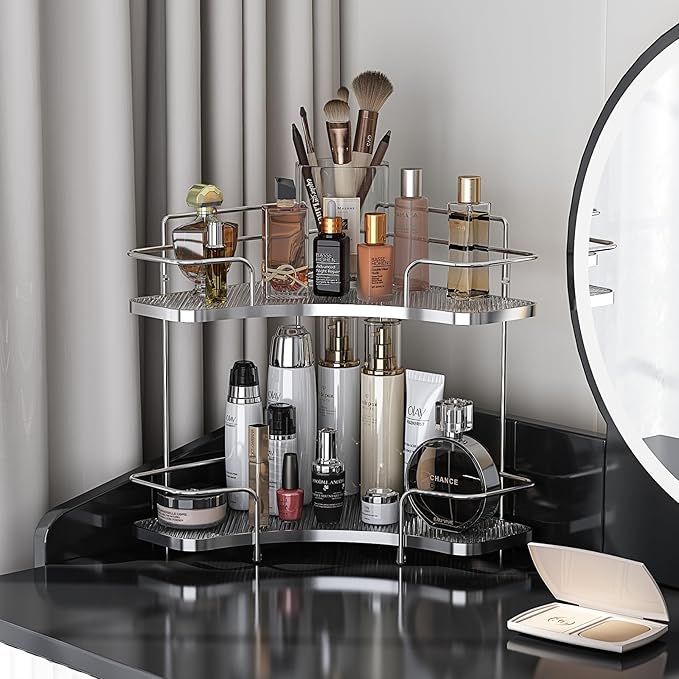 FOLLOWIN 2 Tier Bathroom Countertop Corner Organizer,Countertop Perfume Tray,Vanity Counter Shelf,Skincare Makeup Cosmetic Vanity Organizers,Silver-NeatNest