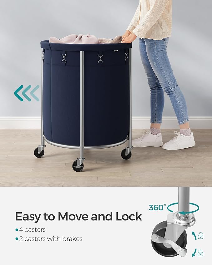 SONGMICS Laundry Basket with Wheels, Rolling Round Laundry Hamper Cart, 45 Gal. with Steel Frame and Removable Bag, 4 Casters and 2 Brakes, Charcoal Blue and Metallic Silver URLS001Q01