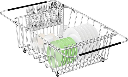 Large Dish Drying Rack in Sink Expandable, Adjustable304 Stainless Steel Metal Dish DrainerRack Organizer with Stainless Steel Utensil Holder Over Inside Sink Counter, Rustproof