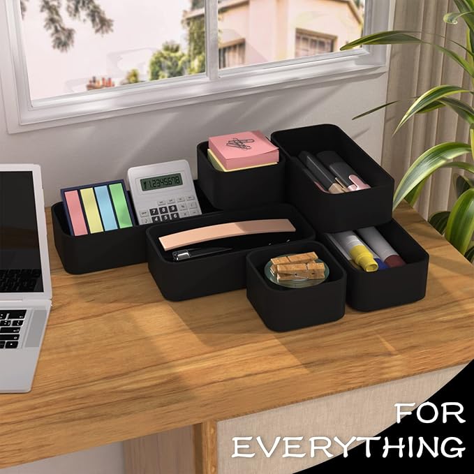CHANCETSUI 6 PCS Stackable Drawer Organizers Set, Versatile Desk and Vanity Drawer Organizer Trays, Storage Bins for Makeup, Bathroom, Bedroom, Kitchen and Office, Black-NeatNest