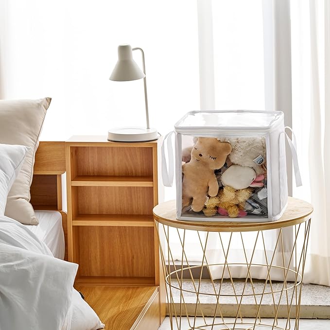 holay 2 Pack Storage Bins PVC Boxes with Transparent Lid & Handles - Durable & Foldable - Multi-Purpose Organizer for Clothes, Books, and More (White, Large)-NeatNest