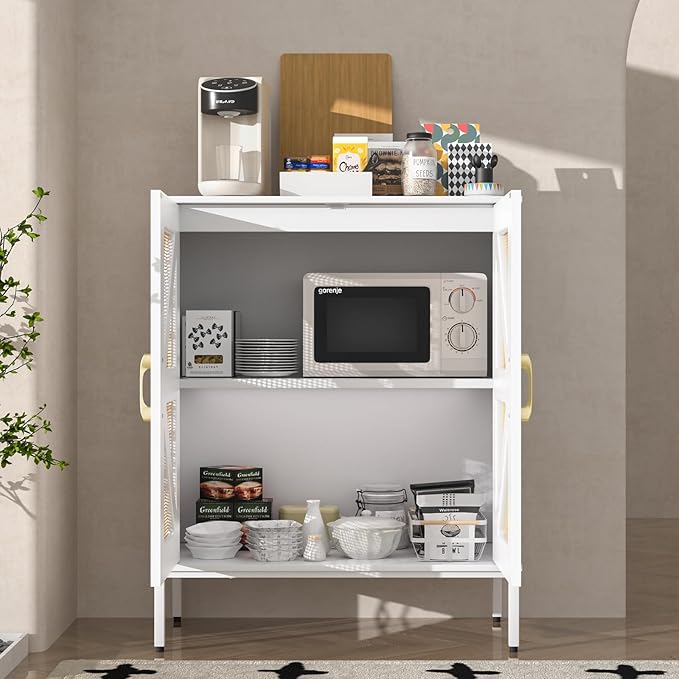 Buffet Cabinet White with Storage, Rattan Sideboard with Doors & Shelves, Accent Buffet Console Table 32.9" Media Console Mid Century Coffee Bar Table for Living Room Kitchen Dining Room-NeatNest